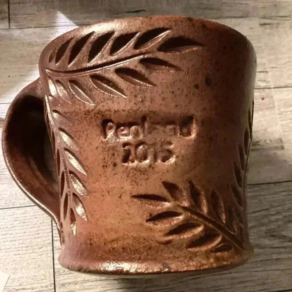 Penland 2015 Stone  Pottery Brown Coffee Nug with Chunky Handle  Leaves Pattern - Picture 7 of 10